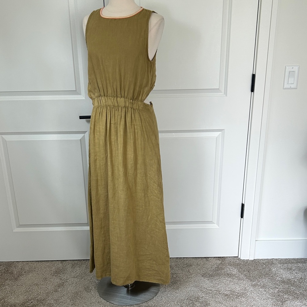 DR BLOOM Barcelona M/ L 100% linen Open Back Maxi Dress Rainbow trim neck